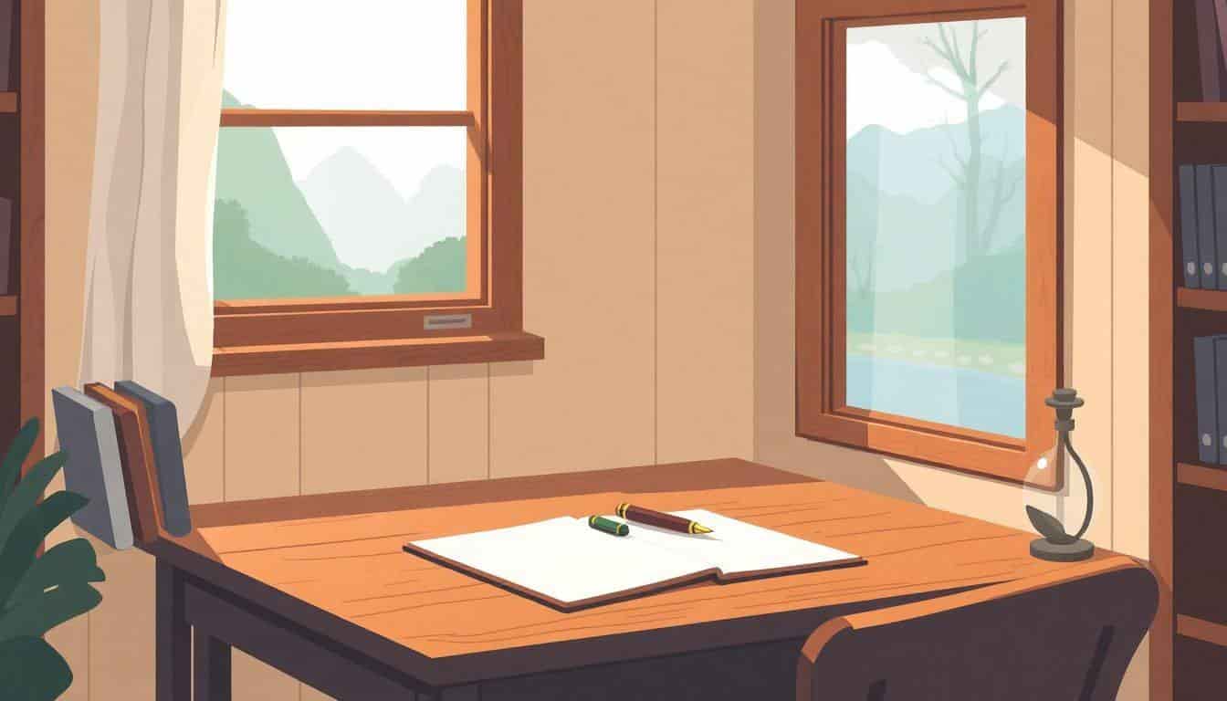 Cozy writing nook featuring a vintage wooden desk with a blank notebook and fountain pen, illuminated by soft warm light, with a serene outdoor view through the window.