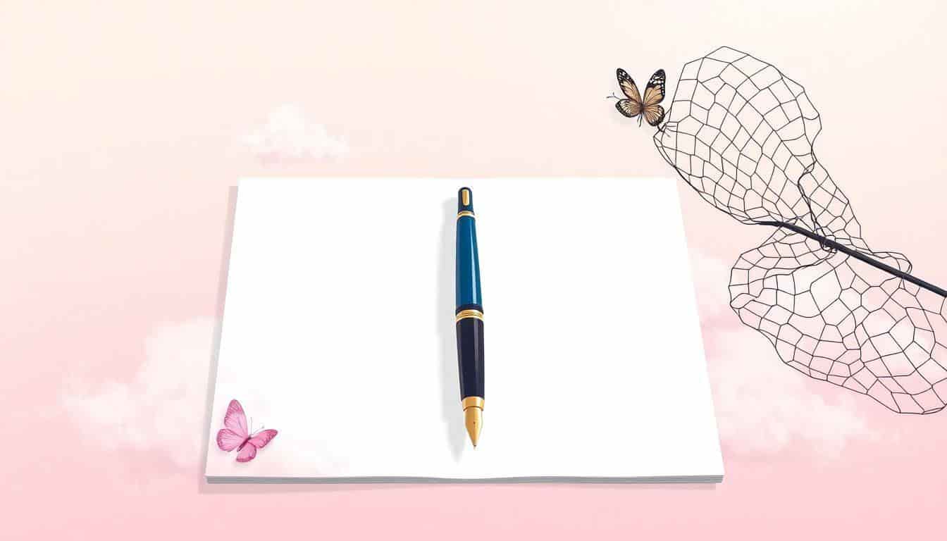 A blank page with a vintage fountain pen, wisps of clouds, and a delicate butterfly net on a calming pastel gradient background.