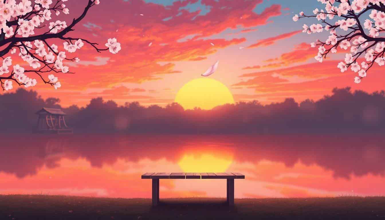A serene Japanese garden at sunset, featuring a tranquil pond reflecting orange and pink hues, with a cherry blossom petal floating above the water and a wooden bench in the foreground.