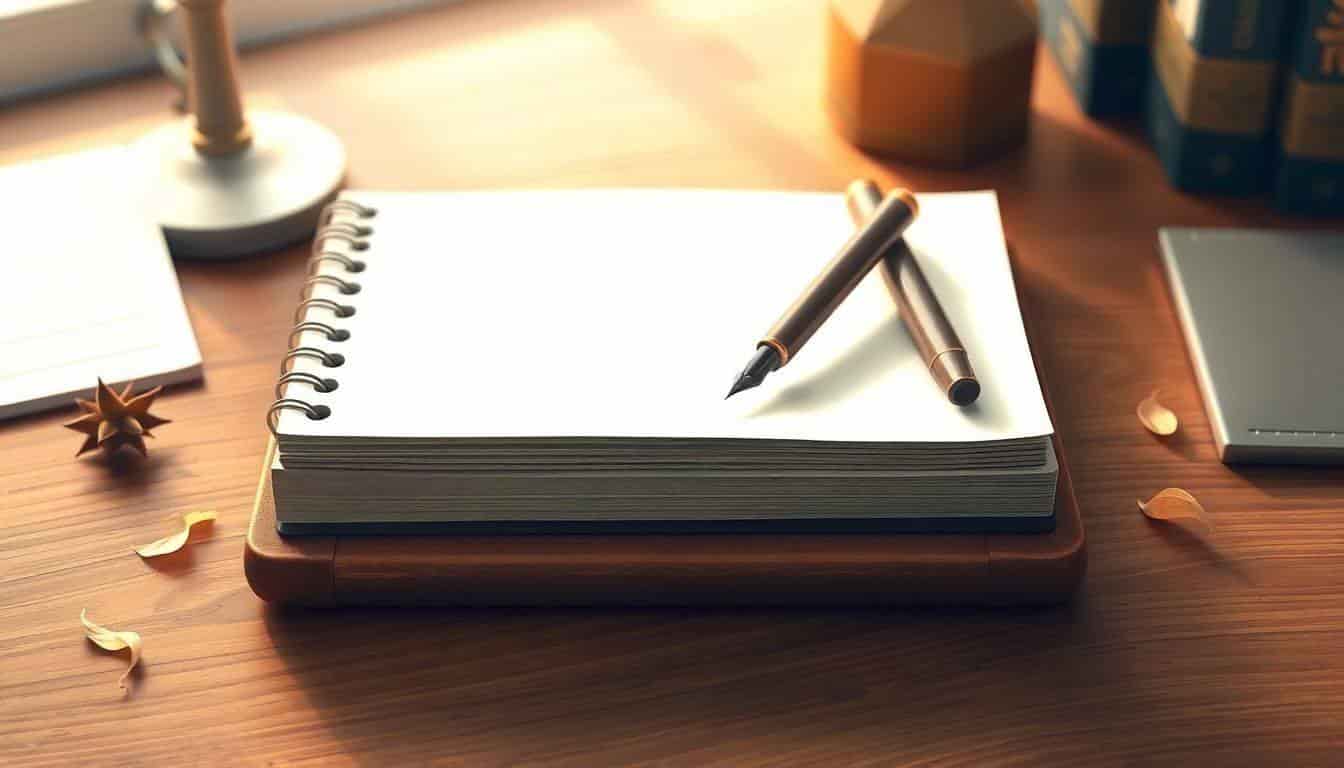 Illustration of a serene workspace featuring a blank notebook and a vintage fountain pen on a wooden desk, with softly blurred background, delicate leaves scattered around, and warm, inviting color palette.