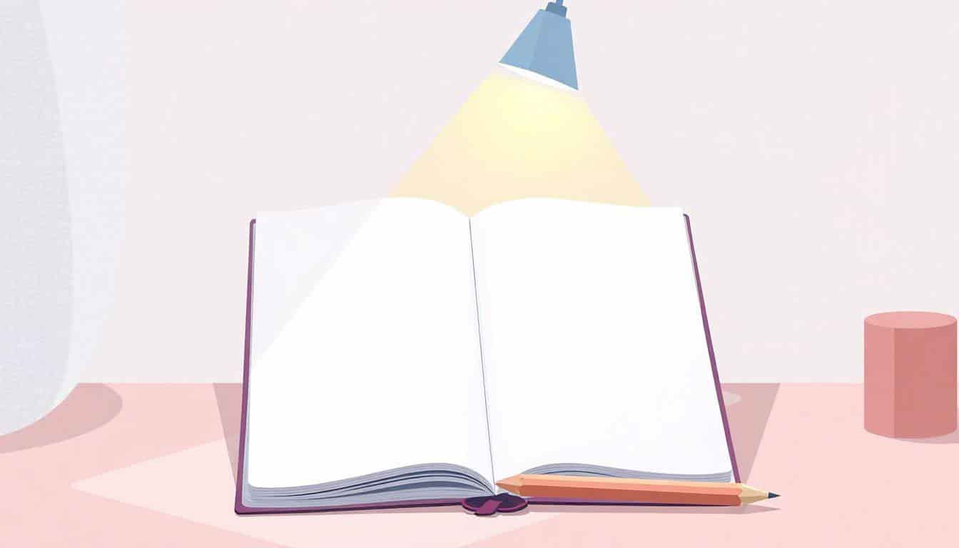 Illustration of a serene workspace featuring a blank open notebook and an unsharpened pencil beside it, illuminated by gentle light, with a minimalistic background in soft pastel colors and subtle textures.