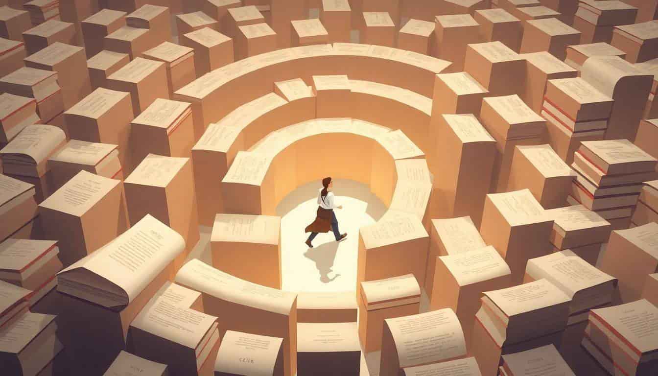 Person navigating a labyrinth of books and scrolls, illuminated by soft light, representing the journey of understanding citation styles.