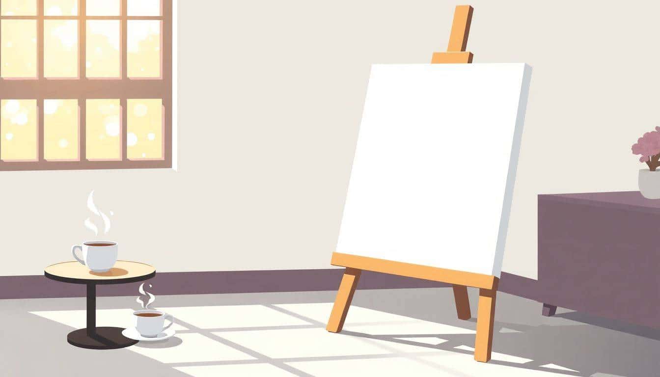 Minimalist illustration of a blank canvas on an easel in a cozy room, with a steaming cup of coffee on a table and soft morning light streaming through a window.
