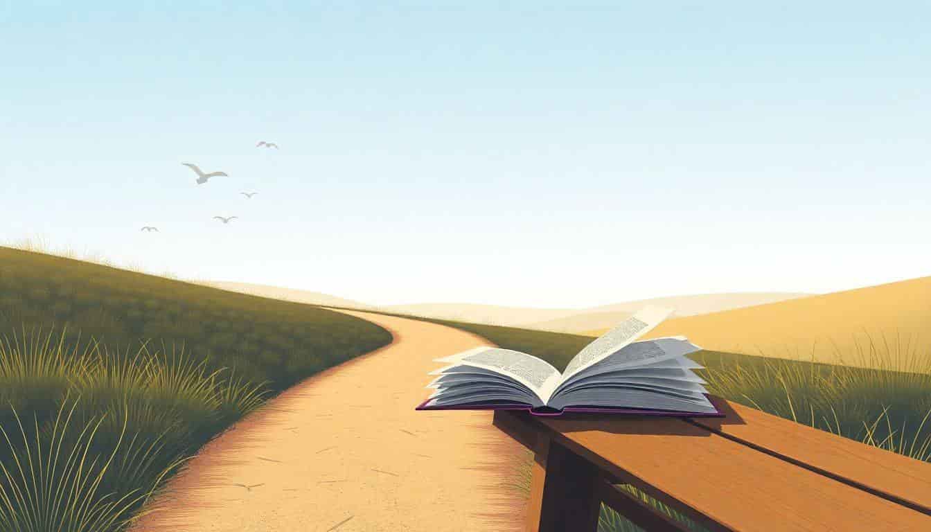 Illustration of a winding path through a tranquil landscape, with an open book on a wooden bench, gentle breeze rustling its pages, surrounded by soft, warm colors and a clear blue sky.