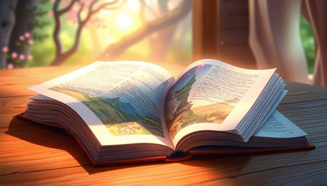 An open book on a wooden table, pages fluttering, revealing fantastical landscapes and magical creatures, with a whimsical forest in the background and soft, warm light.