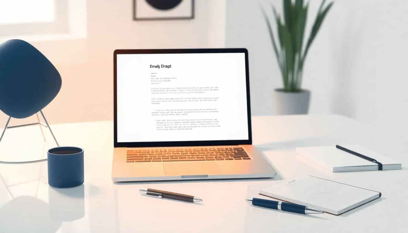 Minimalist workspace with an open laptop displaying an email draft, a stylish pen, and a notepad, all illuminated by soft, warm light against a blurred background.