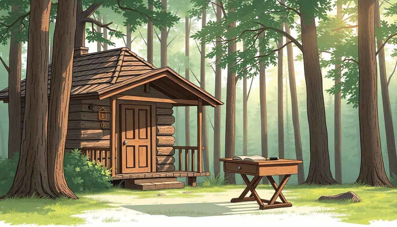 A rustic cabin in a tranquil forest with tall trees, soft sunlight filtering through leaves, and a wooden desk on a porch featuring an open notebook and fountain pen.