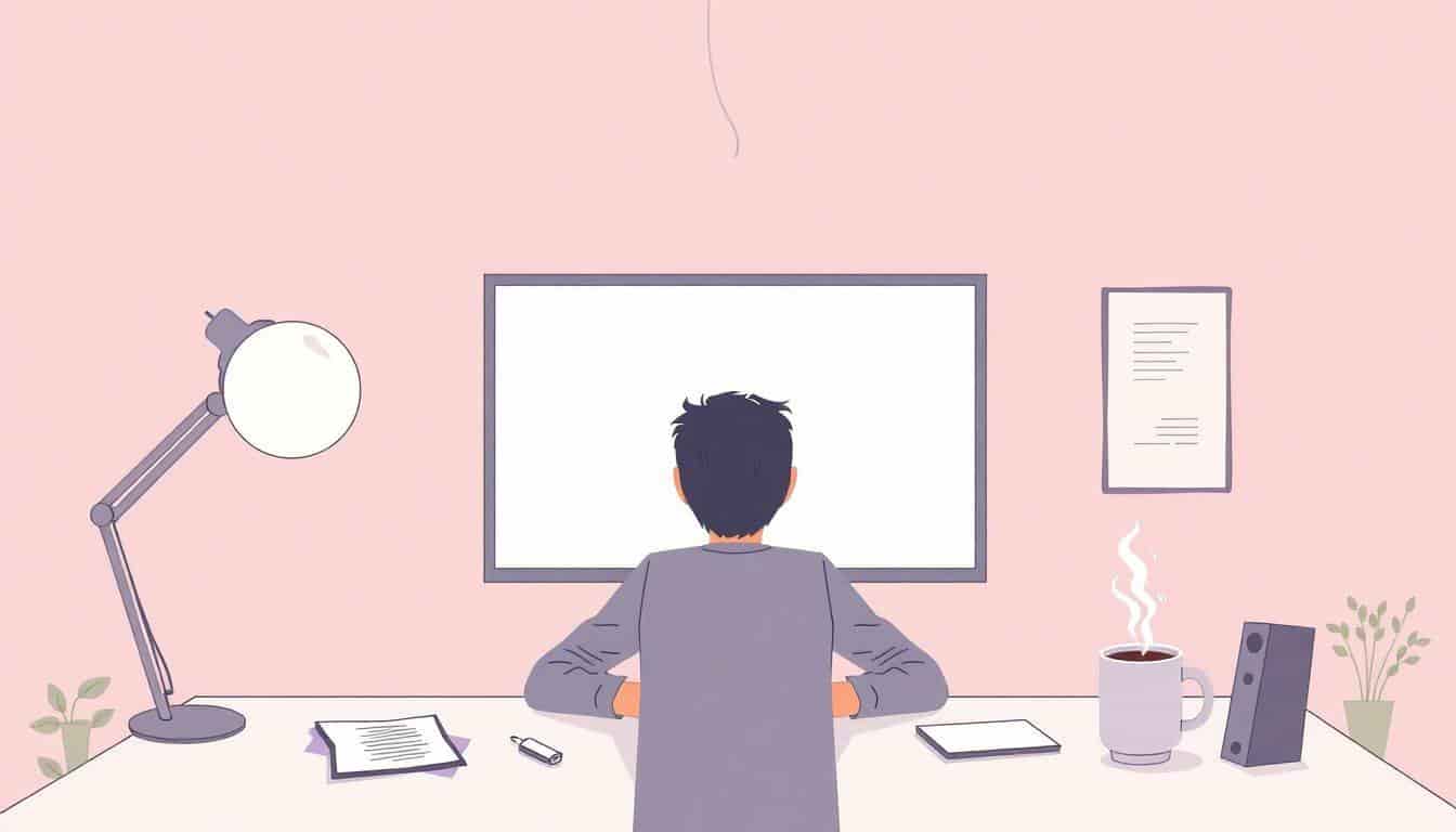 A person sits at a desk, gazing thoughtfully at a blank screen, surrounded by a light bulb, a notepad filled with ideas, and a steaming cup of coffee, all in a calm, minimalist setting.