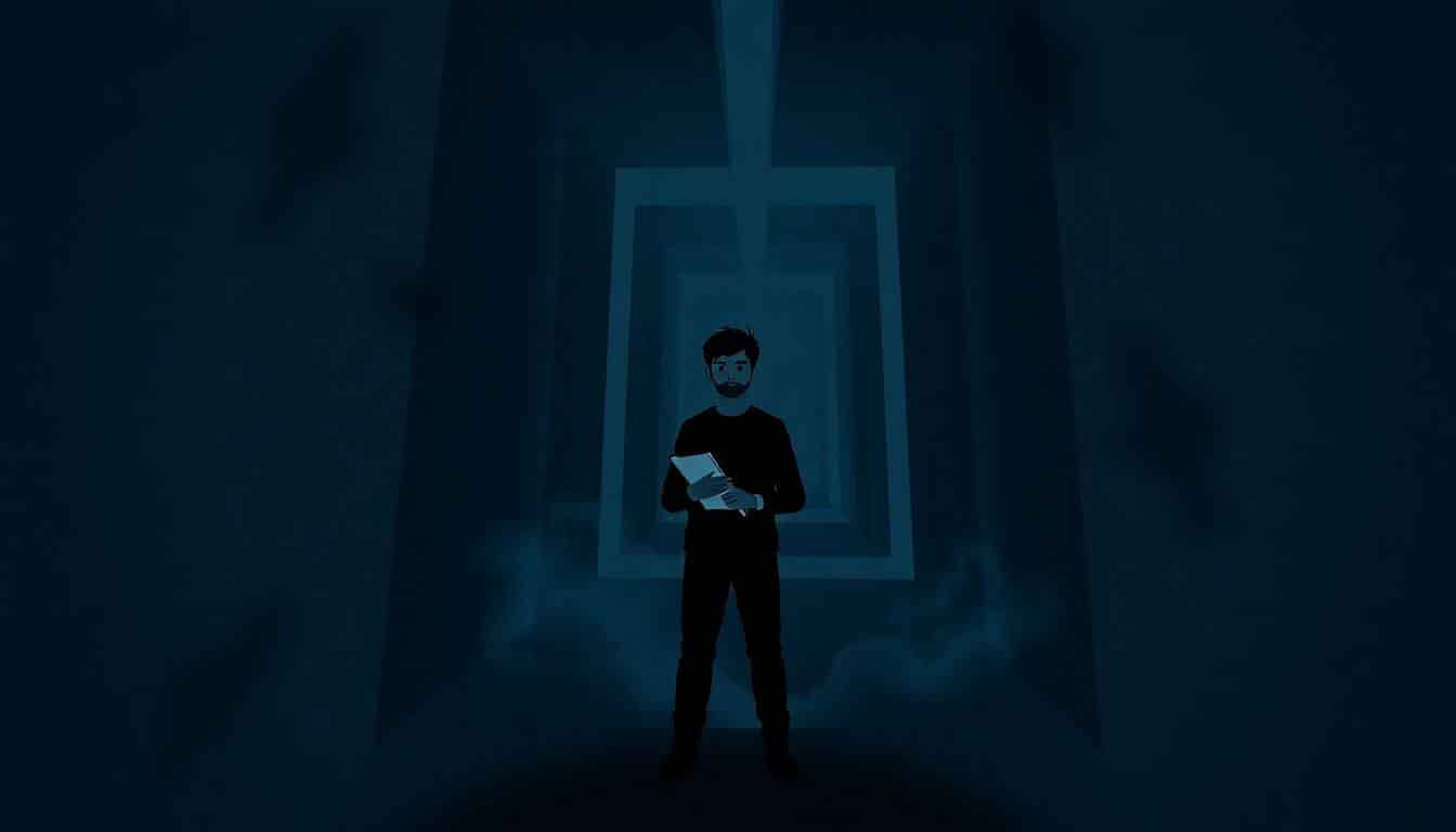 A person stands at the entrance of a dark, twisting maze, holding a pen and notebook, appearing contemplative and determined, surrounded by shadows and fog in a moody blue and black color palette.