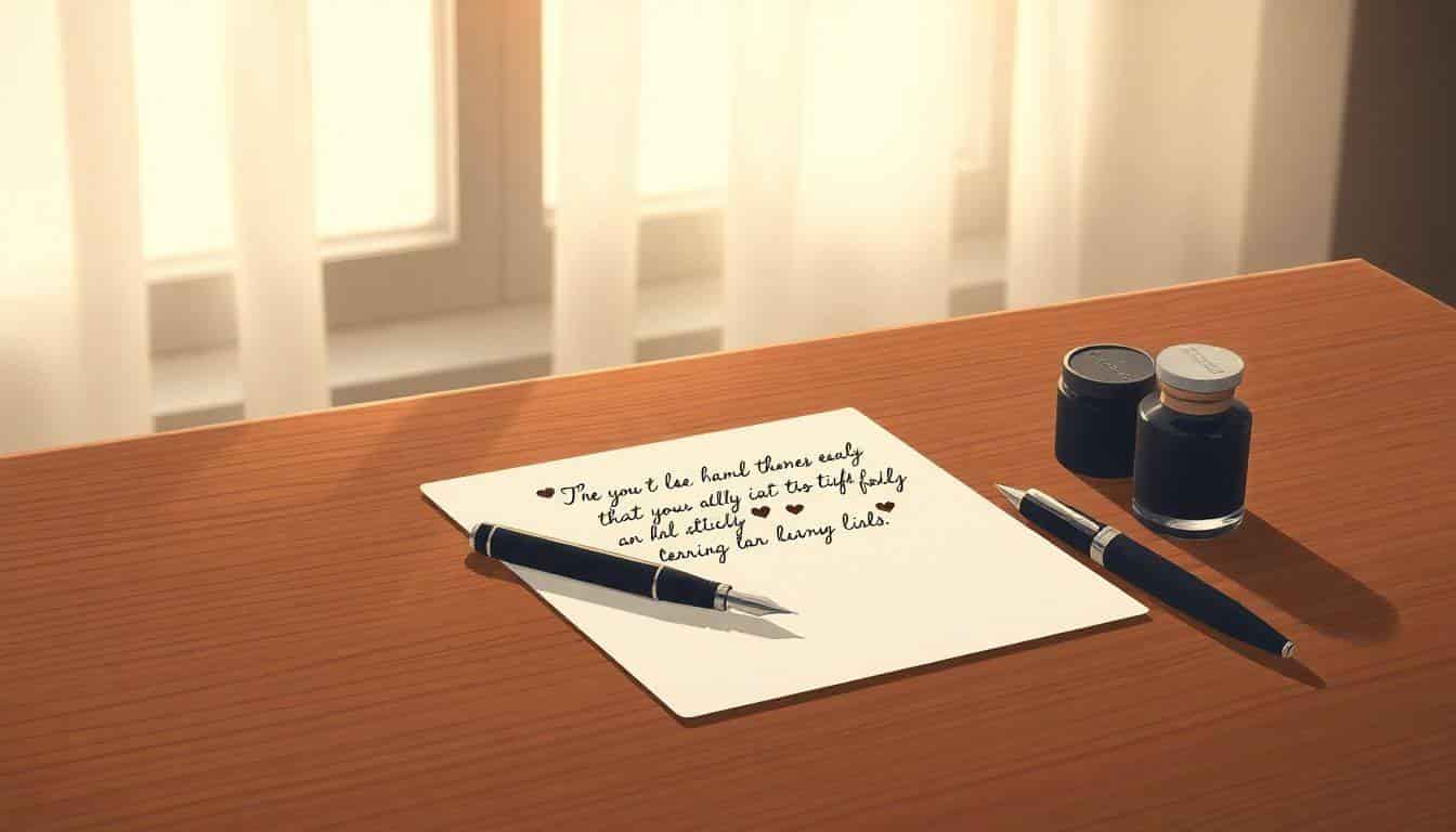 A minimalist illustration of an elegant desk with a handwritten note on textured stationery, a fountain pen, and an ink bottle, illuminated by soft, warm light from a window.