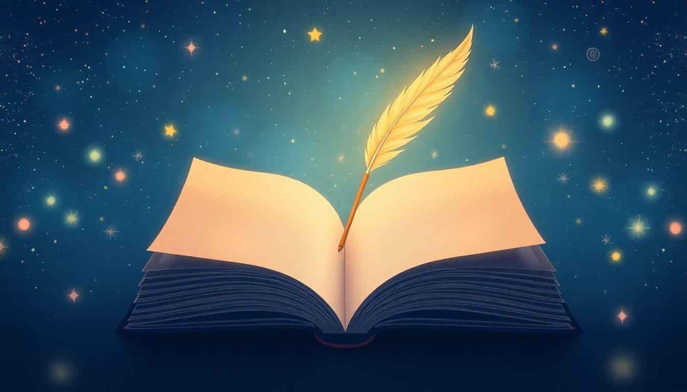 Open storybook under a starlit sky with a glowing magical quill pen beside it, surrounded by colorful fairy lights and swirls of imagination, evoking a sense of wonder and creativity.
