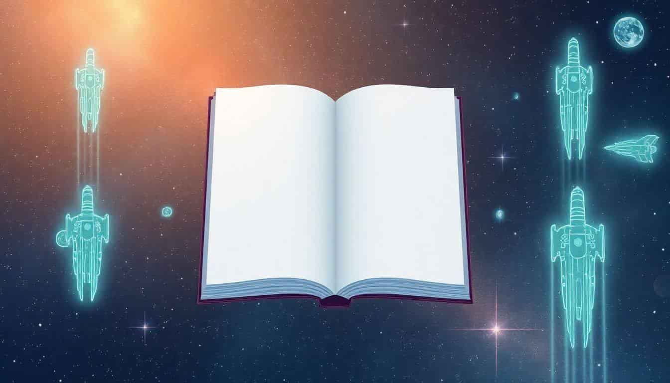 An open blank page floats in a starry galaxy, surrounded by faint outlines of futuristic technology like spaceships and holograms, with soft, ethereal colors blending the cosmos and the page.