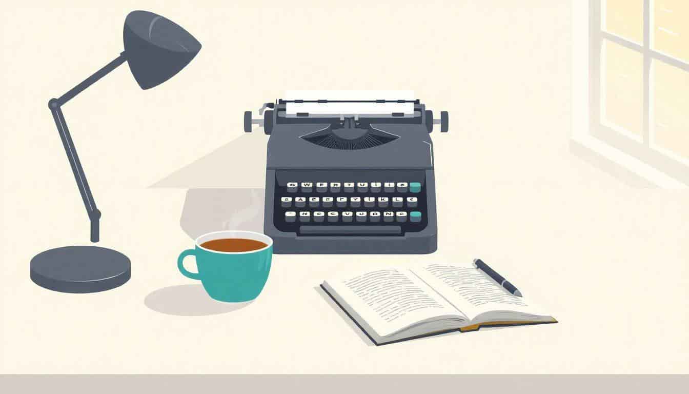 A minimalist workspace with a vintage typewriter on a simple desk, a steaming cup of coffee, and an open notebook with a pen, all set against a calming neutral background with light streaming in from a window.