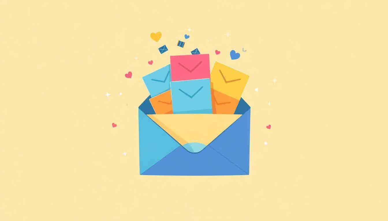 Illustration of a vibrant envelope bursting with colorful subscription letters and engagement icons like hearts and thumbs up, surrounded by whimsical sparkles and abstract lines, conveying growth and connection.