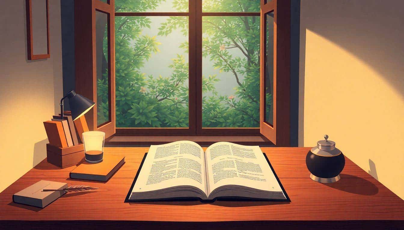 Cozy writing nook featuring a beautifully designed book on a wooden desk surrounded by a quill and inkpot, illuminated by warm light; large window in the background offers a view of a tranquil garden.