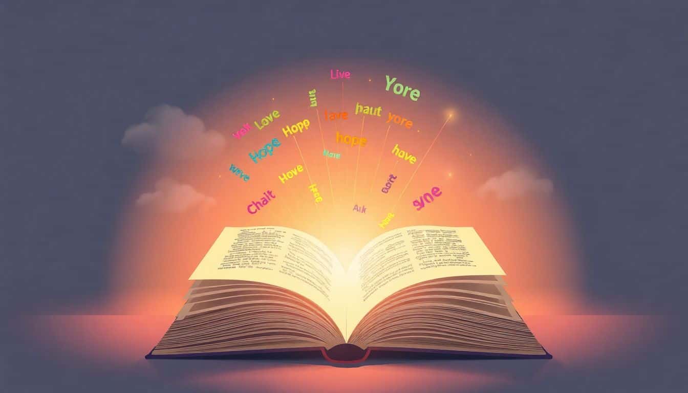 Open book with glowing pages radiating light and colorful words floating upwards, set against a soft, warm-colored background with subtle clouds and gentle rays of sunlight.