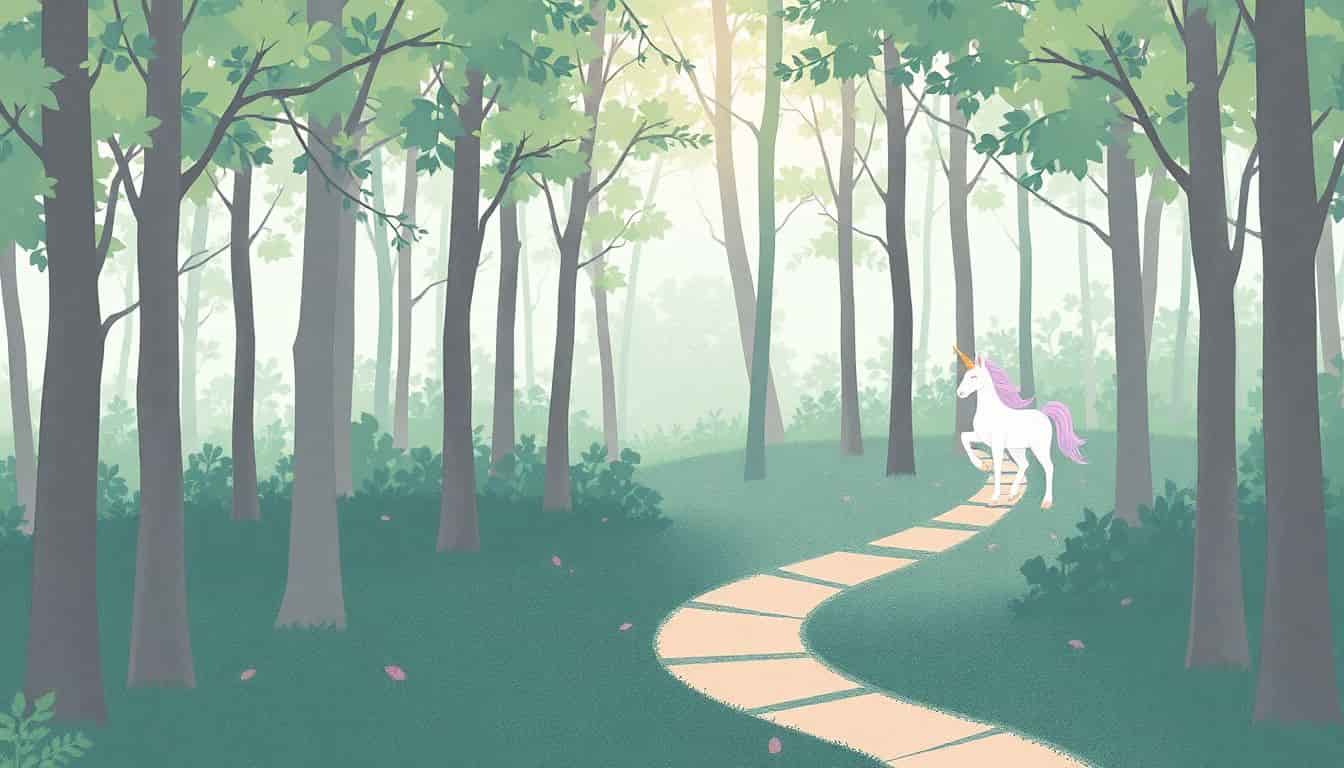 Illustration of a serene forest with a winding path, soft colors, and a hidden unicorn blending into the background.