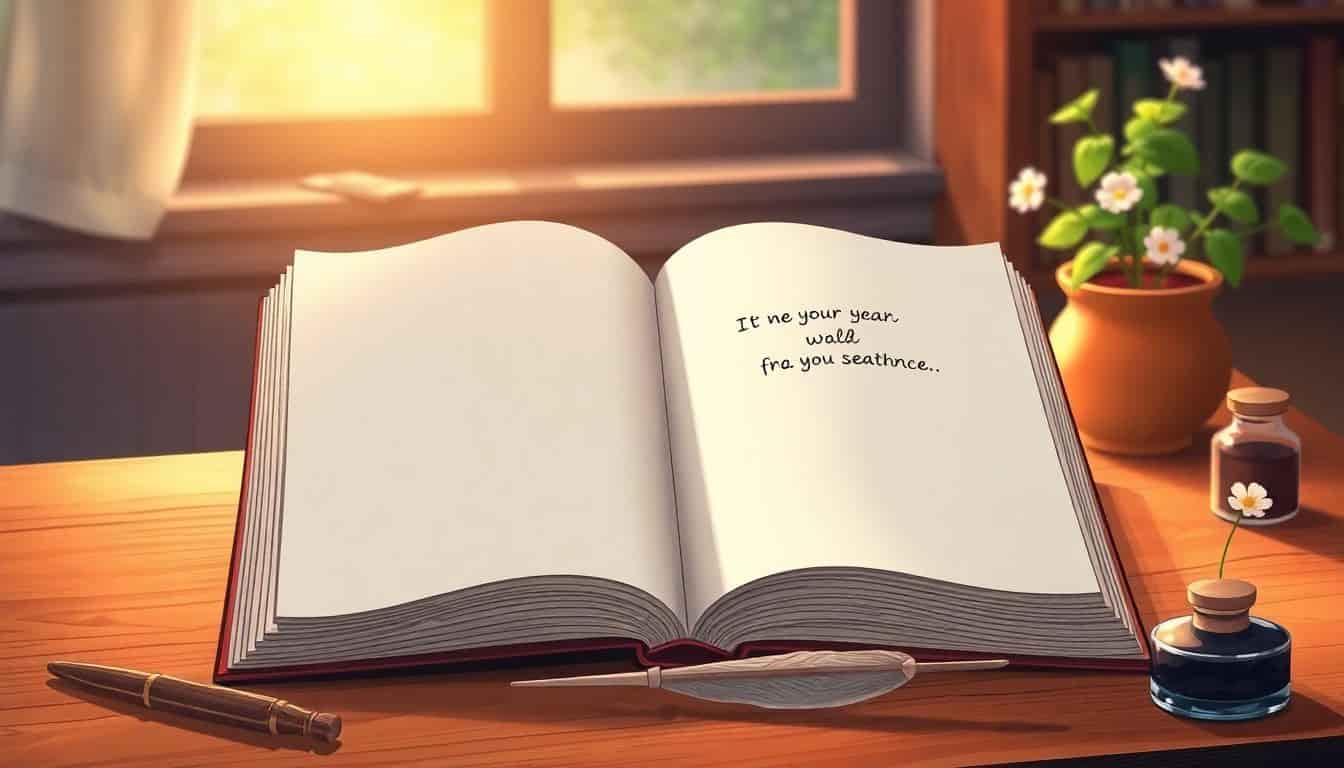 An open book on a wooden table with a quill and ink bottle beside it, warm lighting creating a cozy atmosphere, a sentence gracefully emerging from the pages, and a small potted plant nearby.