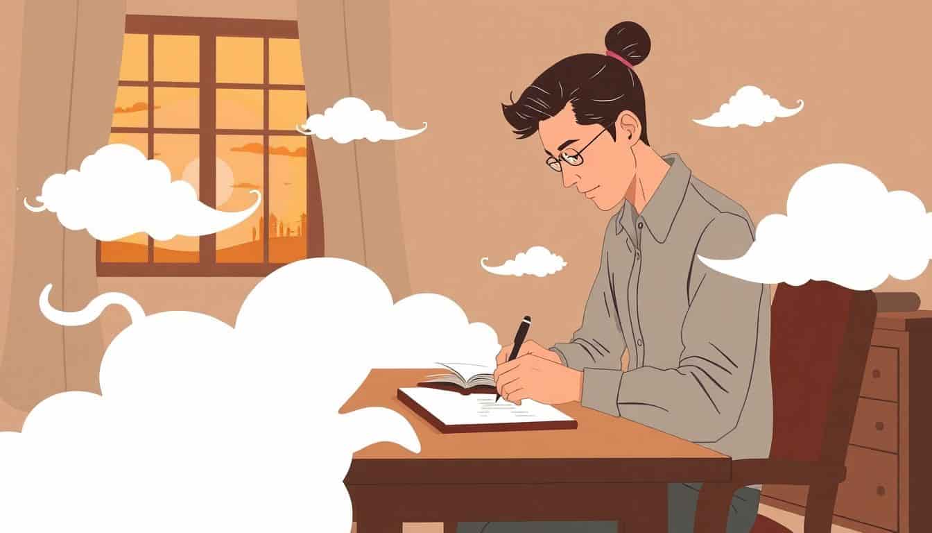 A focused writer at a desk in a cozy room, surrounded by wispy clouds representing literary devices, writing in a beautifully bound notebook with a sunset visible through the window.