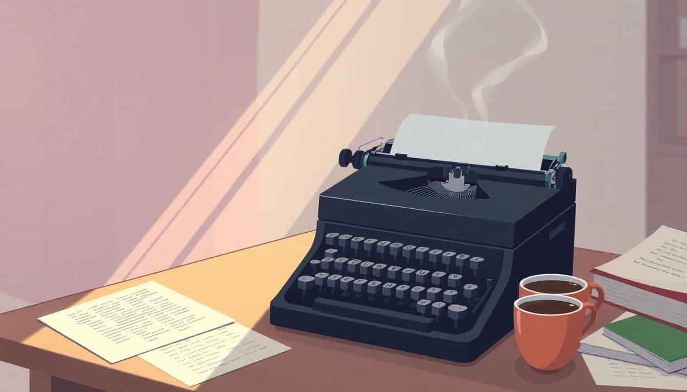 A vintage typewriter on a writer's desk with a steaming cup of coffee and scattered sheets of typed paper, illuminated by soft sunlight streaming through a window, with a minimalistic background featuring a faint bookshelf.