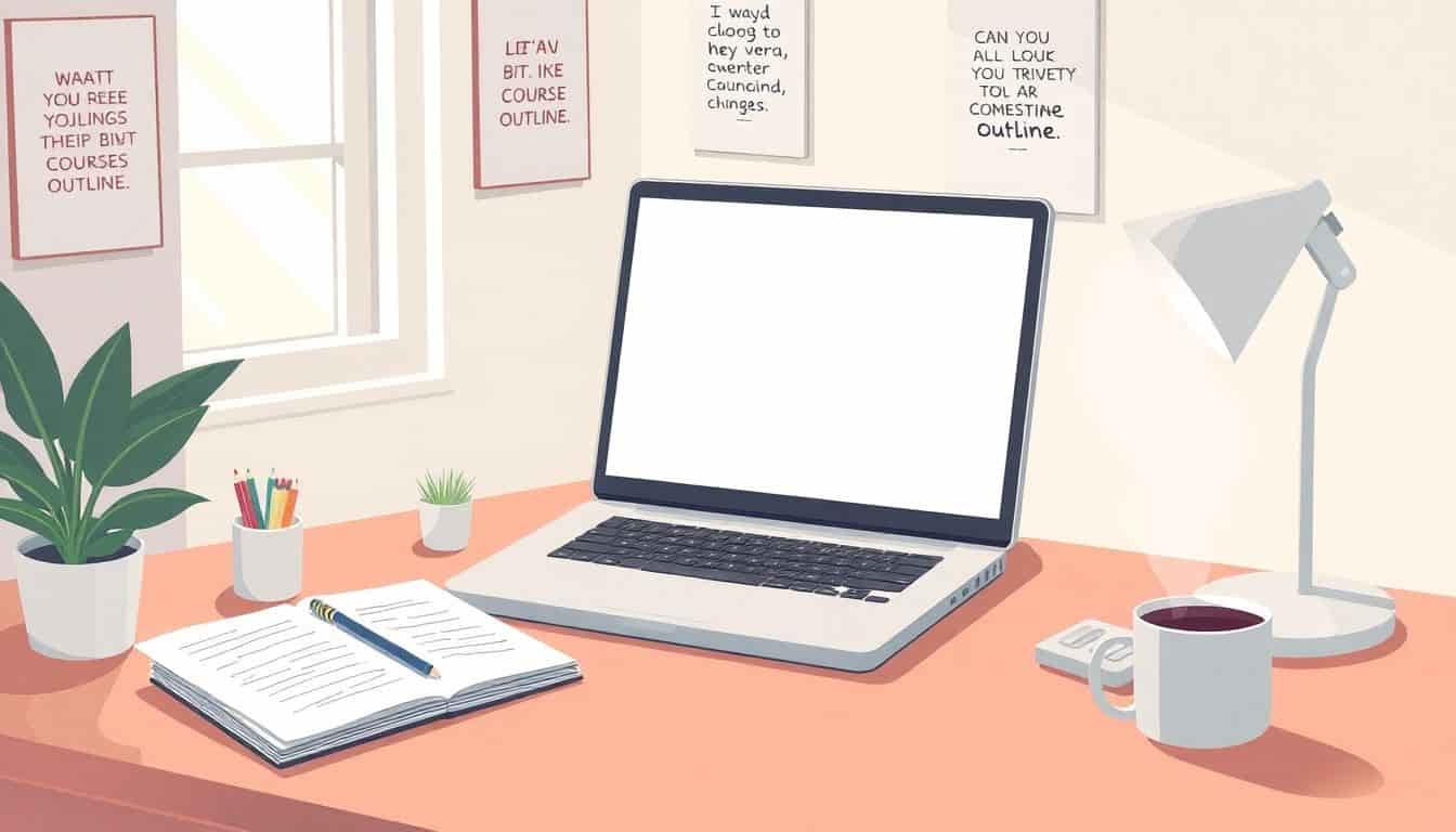A neatly organized desk with an open laptop on a blank page, a notepad filled with ideas, a steaming cup of coffee, and motivational quote posters on the wall, all bathed in warm light from a nearby window.