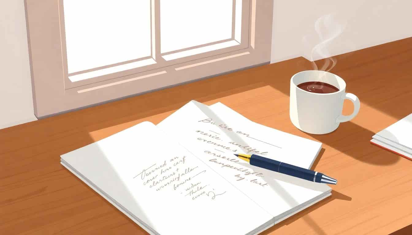 A serene writing desk with an open notebook displaying a cover letter, a sleek fountain pen, and a steaming cup of coffee, illuminated by soft natural light filtering through a nearby window.