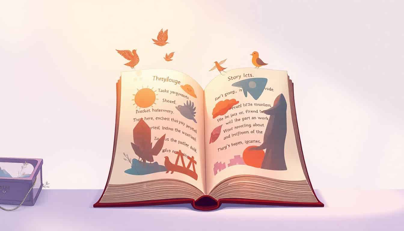 An open book with whimsical pages illustrating abstract story arcs like "Rags to Riches," "Hero's Journey," and "Icarus," set against a minimalistic background in soft colors, creating a dreamlike and imaginative atmosphere.