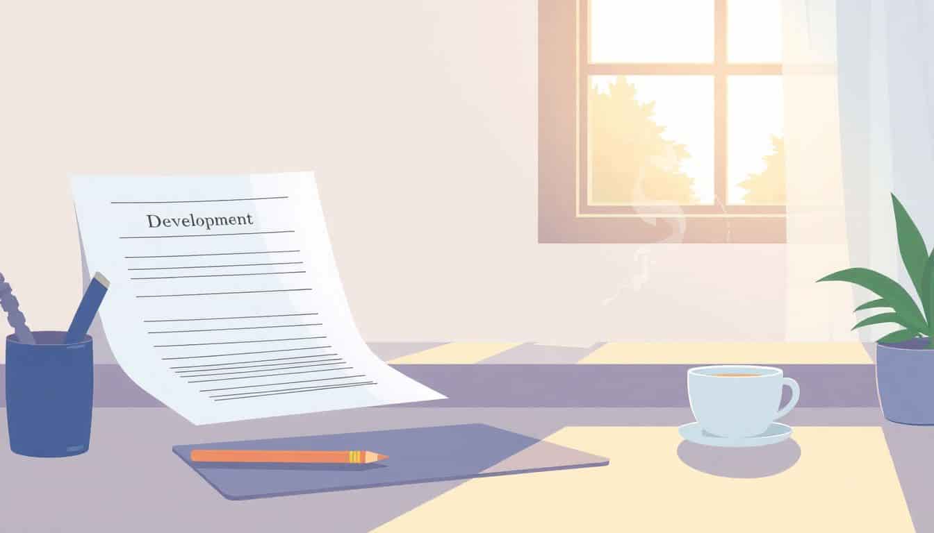 A serene workspace featuring a neatly organized desk with a character development worksheet, a pencil, and a steaming cup of tea, illuminated by soft sunlight filtering through a window.