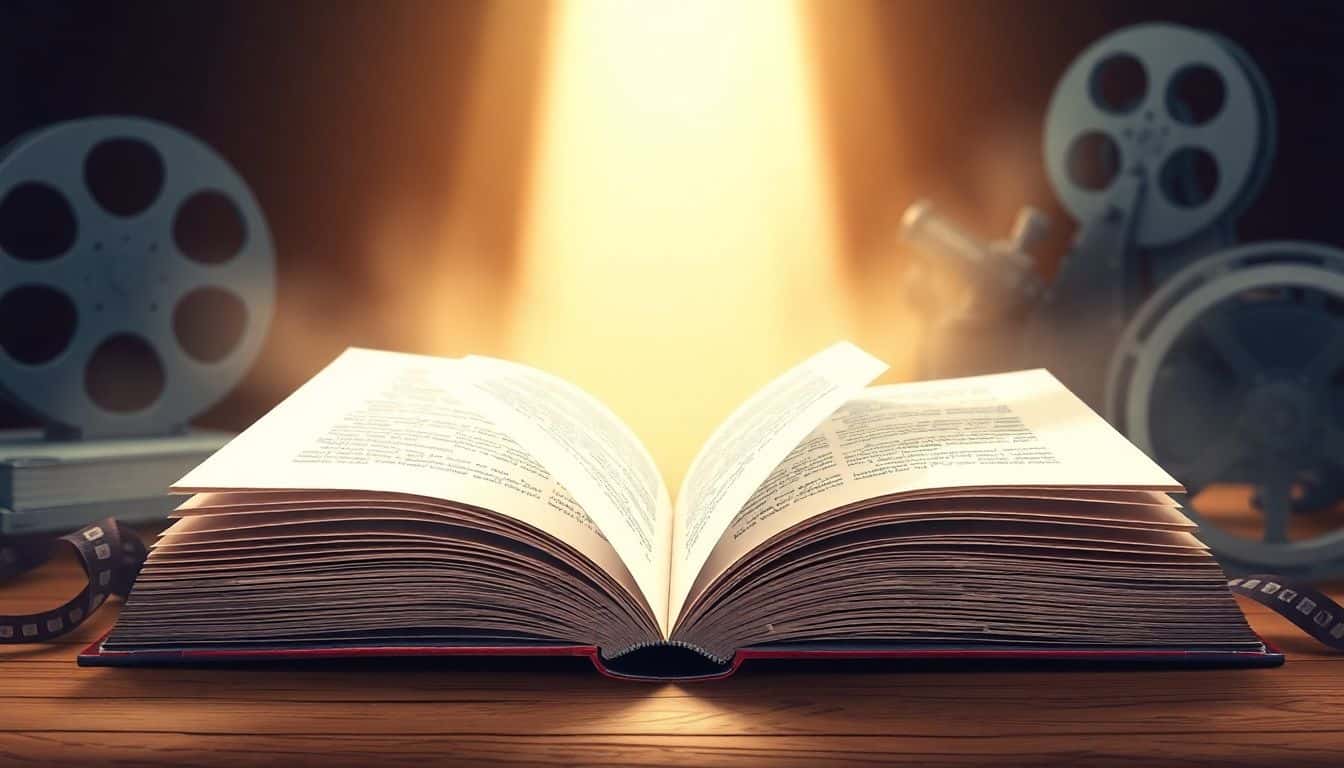 An open book with turning pages, enveloped in soft light, with hints of film reels and a vintage film projector in the background.