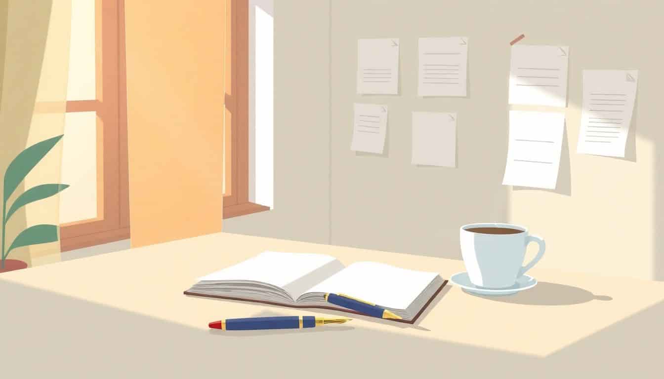 A cozy writing space with a neatly arranged desk featuring a blank notebook, a fountain pen, and a steaming cup of coffee, illuminated by soft sunlight filtering through a window. In the background, a wall displays minimalist outline templates and notes.