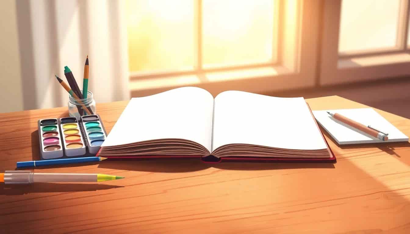 Open journal with blank pages on a wooden table, surrounded by colorful art supplies including watercolor paints and pens, with soft warm light filtering through a window in the background.