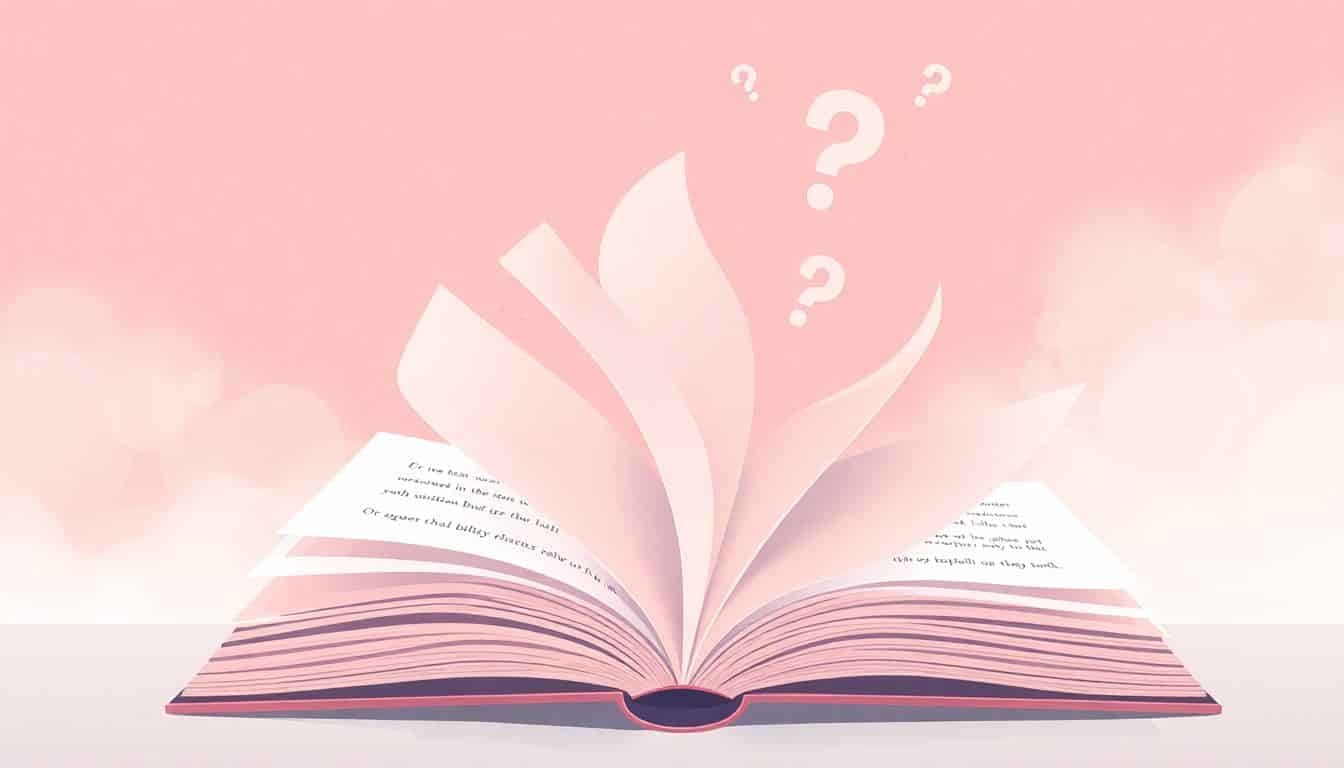 Illustration of an open book with swirling pages transforming into question marks and surprise expressions, set against a dreamy pastel background.