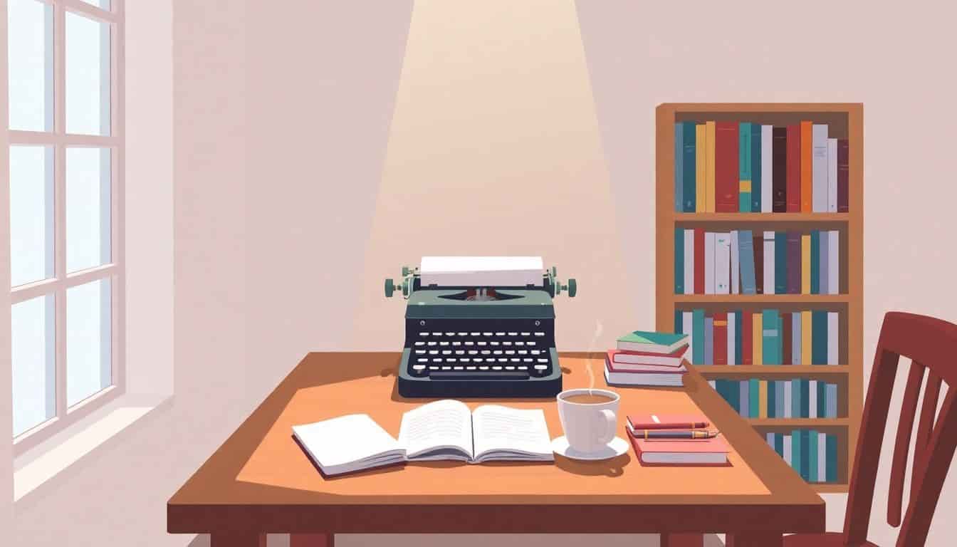 Cozy writing nook featuring a vintage typewriter on a wooden table, surrounded by stacked books and a steaming cup of coffee, with soft sunlight from a window and a bookshelf in the background.