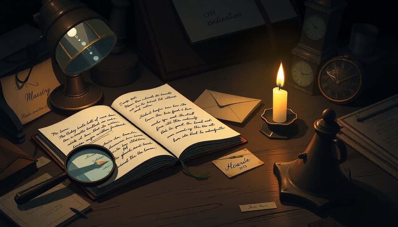 Detective's desk with a vintage magnifying glass, open notebook with handwritten notes, a mysterious envelope, and a flickering candle, set in a dark, moody atmosphere.