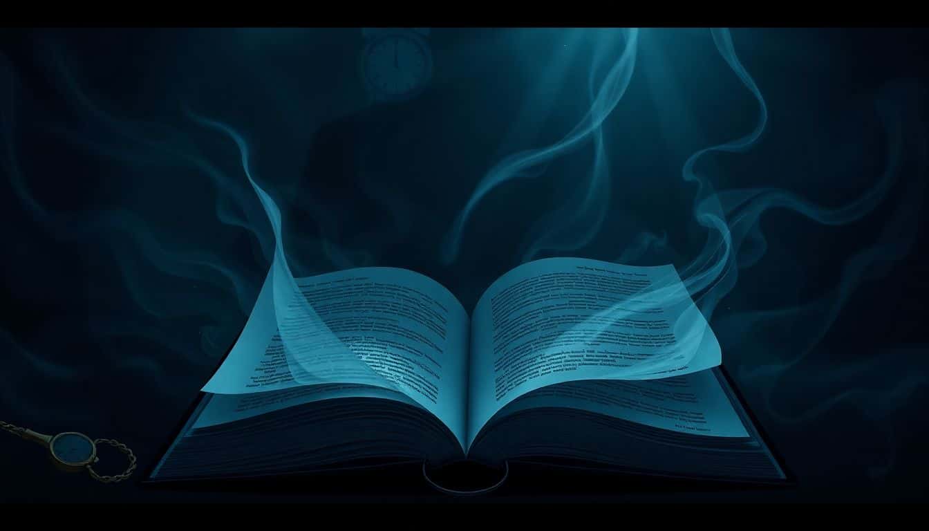 An open book with turning pages surrounded by swirling shadows, dim light, a ticking clock, and a shadowy figure in the background, conveying a sense of mystery and suspense.