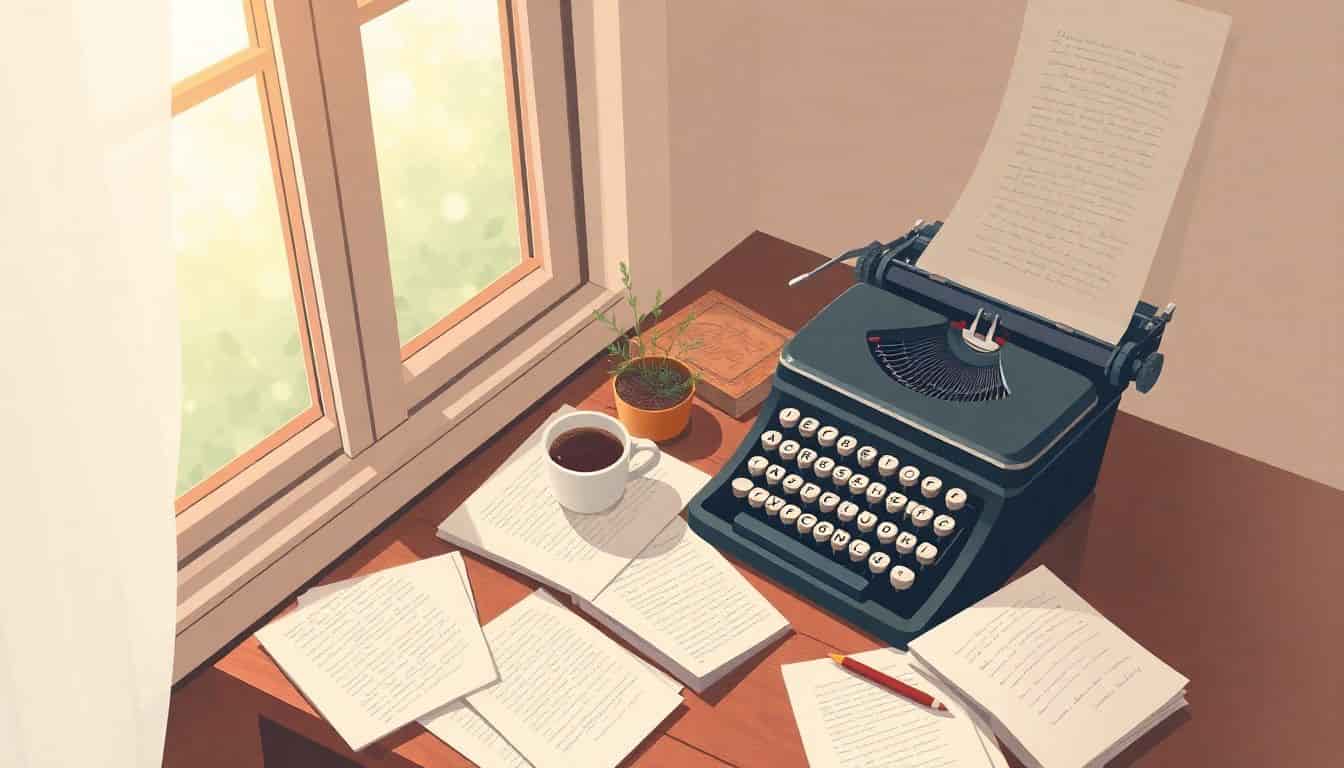 Cozy writing nook featuring a vintage typewriter, a cup of coffee, and scattered handwritten pages, with a serene window view and soft sunlight filtering in, evoking inspiration and creativity.
