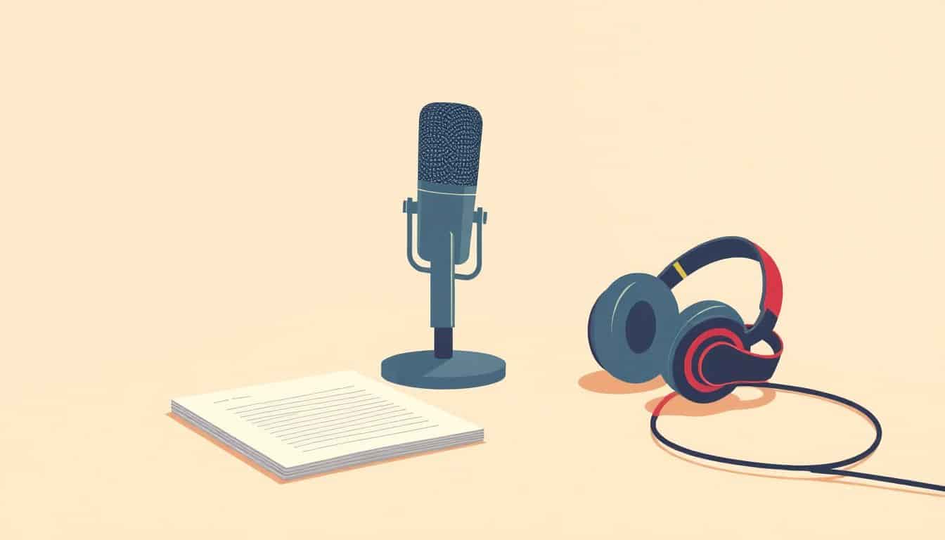 Minimalist illustration of a workspace featuring a microphone, headphones, and a notepad on a clean table, set against a subtle background with a warm color palette.