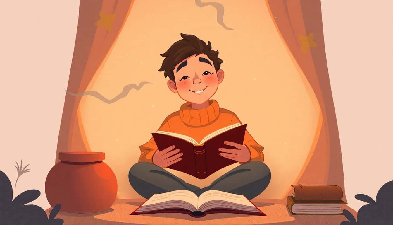 A storyteller in a cozy nook holds an open book, surrounded by warm lighting, with a passionate expression. The background features soft, muted colors and whimsical elements like floating words, evoking a warm and inspiring atmosphere.