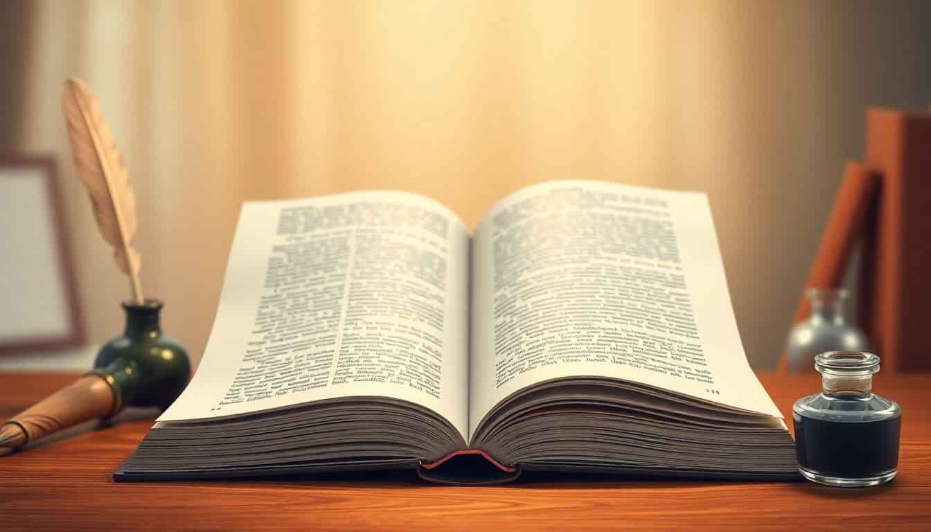 Open book on a wooden desk with warm light illuminating the pages, accompanied by a quill pen and inkpot, against a softly blurred background.