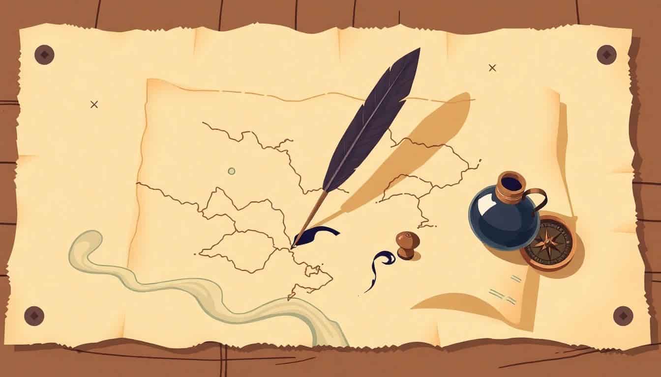 A vintage treasure map with a quill and ink pot on it, surrounded by a compass and a flowing wave of ink, in warm, inviting colors.