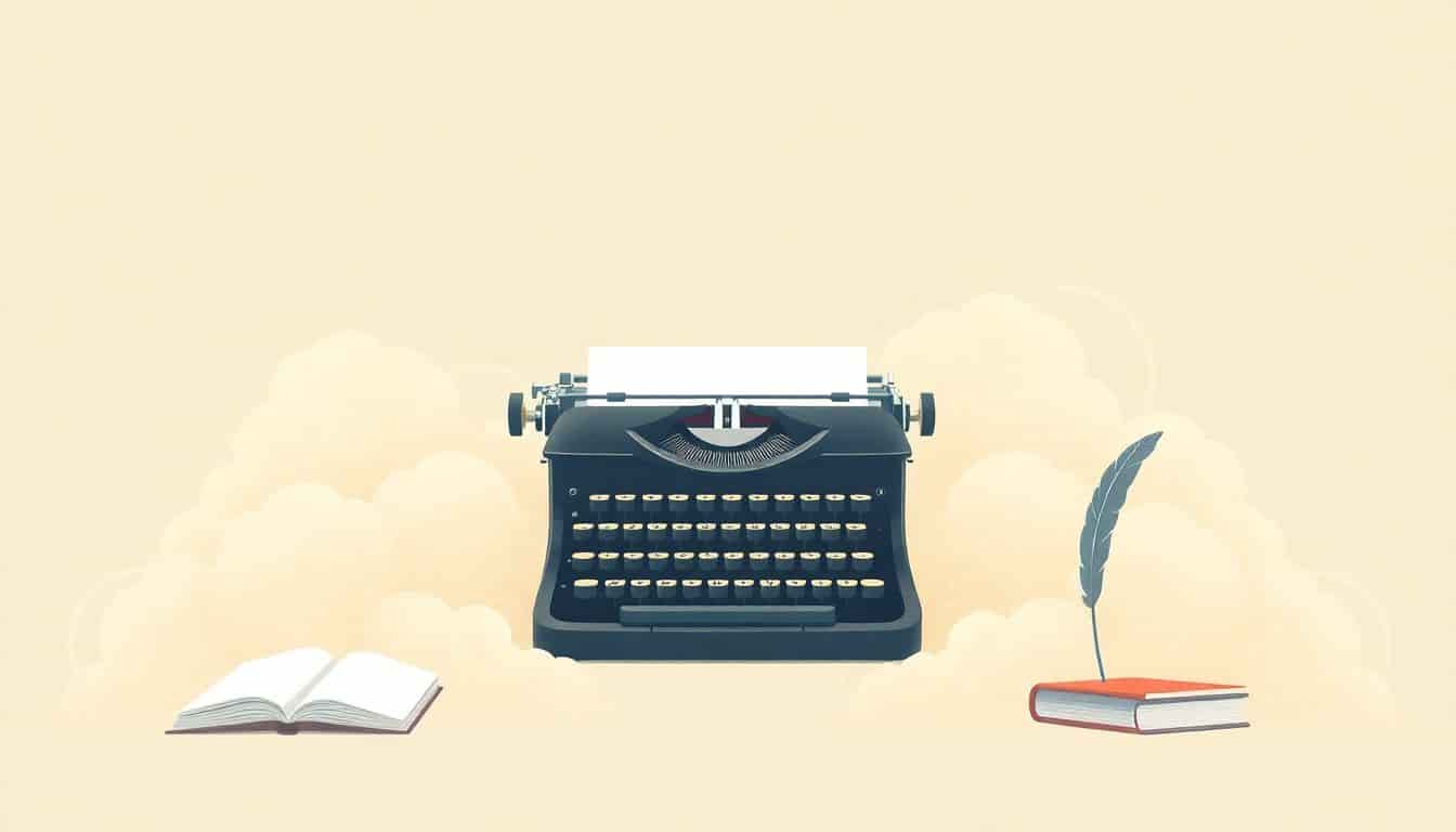 Elegant typewriter surrounded by soft pastel clouds, hints of books and a quill, conveying personal branding for authors.