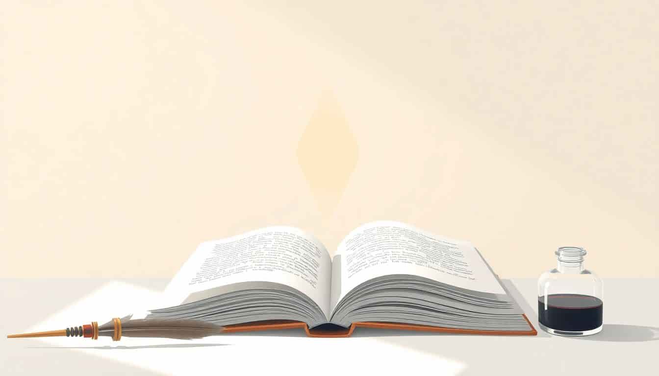 An open book with fluttering pages, a quill and inkwell nearby, surrounded by soft light and faint outlines of glowing reviews or stars above it against a calming background.