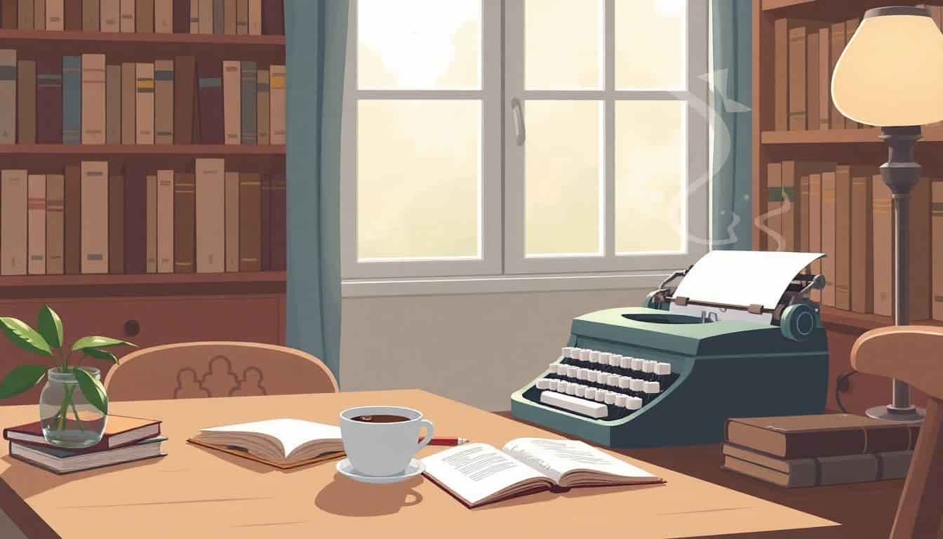 A cozy author workspace featuring a vintage typewriter, an open notebook, a steaming cup of coffee, and a bookshelf filled with classic novels, all bathed in soft natural light from a nearby window.