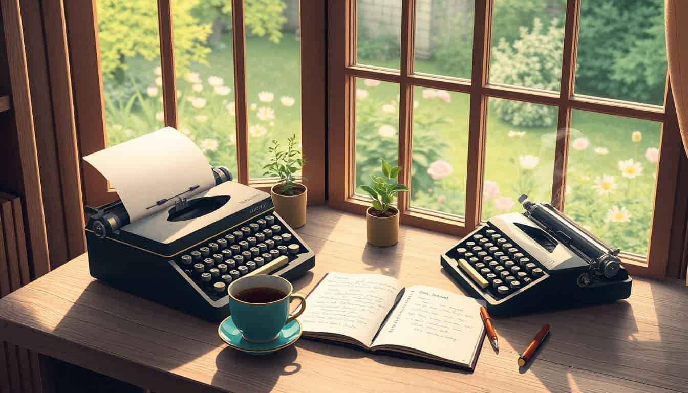 A serene writing desk by a window with natural light, featuring an open notebook with handwritten notes, a vintage typewriter, a steaming cup of tea, and a small potted plant, overlooking a peaceful garden with blooming flowers.