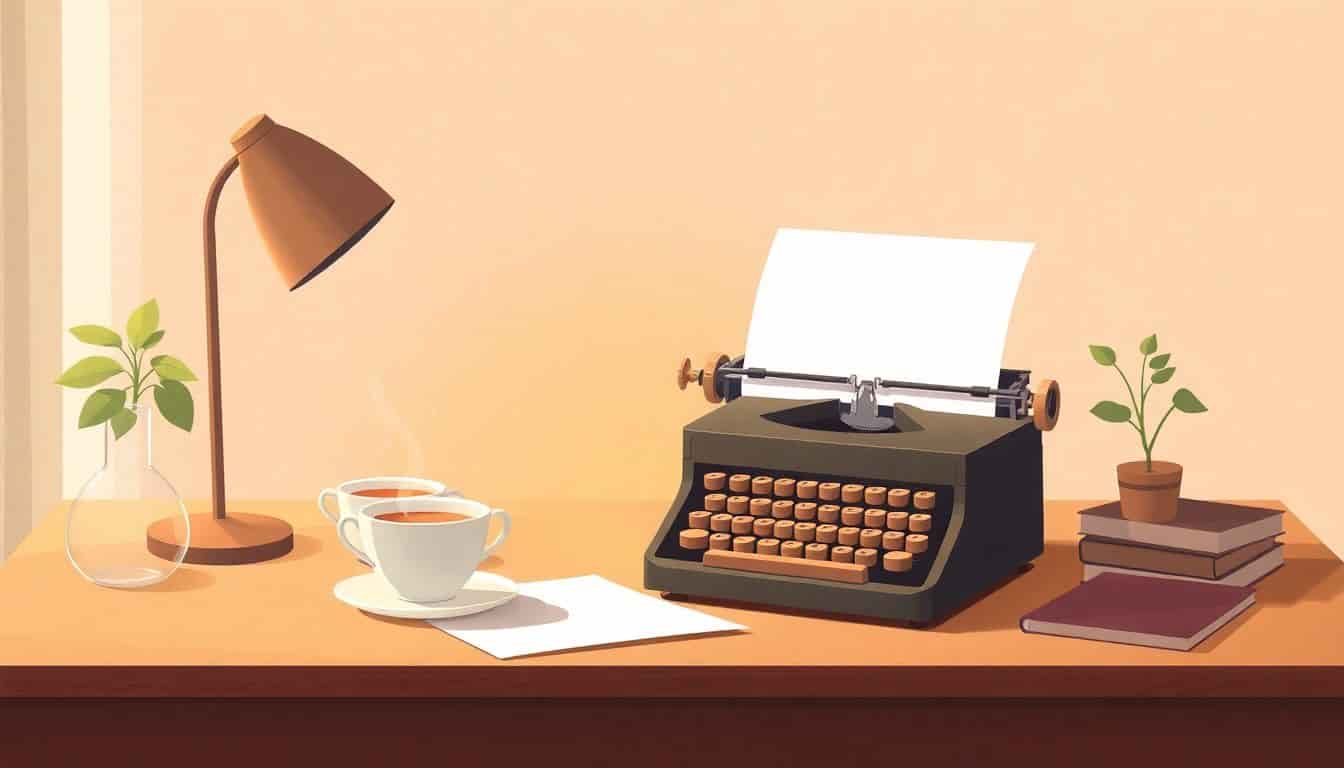 Minimalist desk with a vintage typewriter on a blank page, a steaming cup of tea, and a small plant in soft, warm lighting, conveying a calm and inviting atmosphere for creativity.