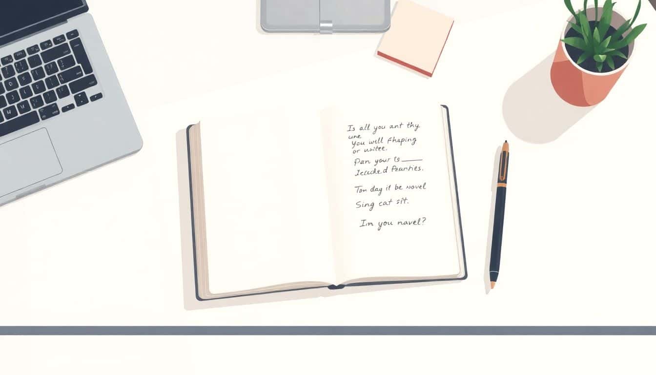 Minimalist illustration of a YA author's workspace featuring a clean notebook with handwritten notes, a pen, and a laptop on a sleek desk, all in soft colors.