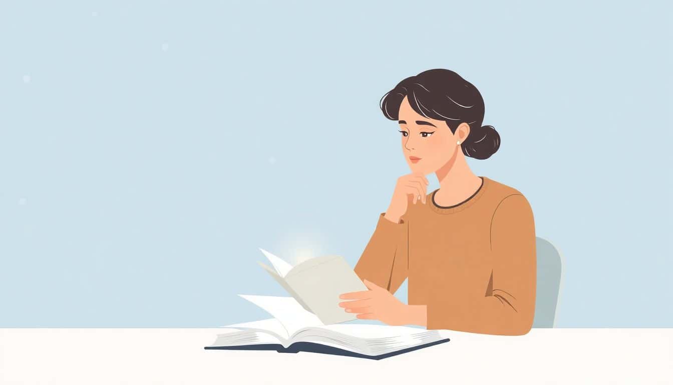 A minimalist illustration of a thoughtful author at a desk, gazing at an open book with a soft glow, set against a serene background with faint abstract symbols of connection and community. The color palette features soft blues and gentle neutrals.