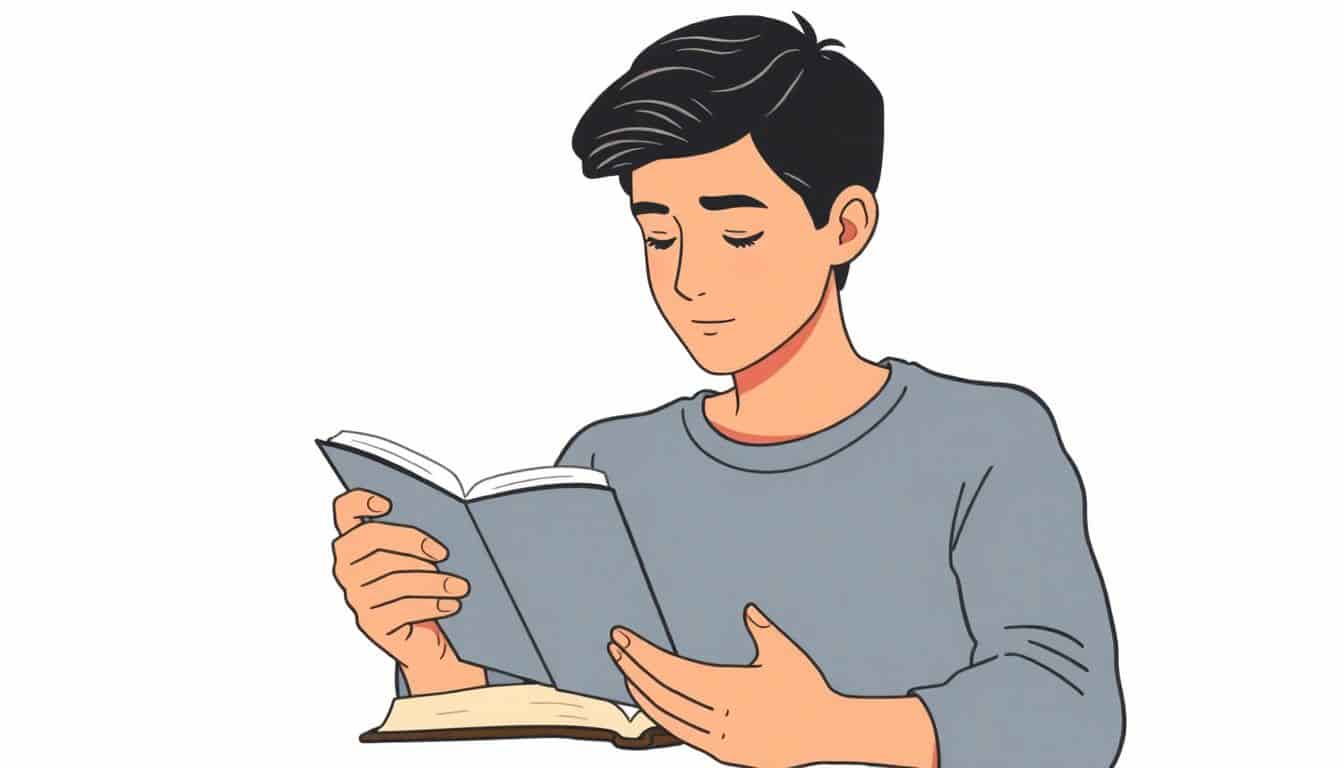 A thoughtful person reading a storybook, surrounded by soft, flowing lines representing smooth storytelling, in a minimalist style with gentle colors.