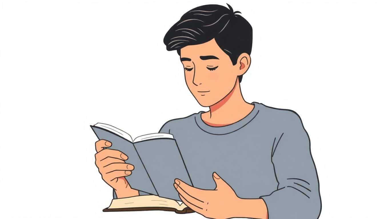 A thoughtful person reading a storybook, surrounded by soft, flowing lines representing smooth storytelling, in a minimalist style with gentle colors.