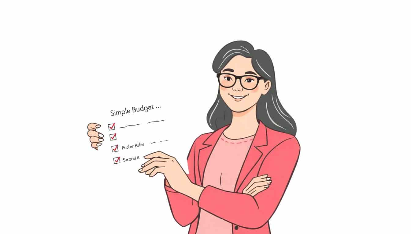 A confident author holding a budget plan, surrounded by symbols of books, money, and small upward arrows, on a clean, minimalist background.